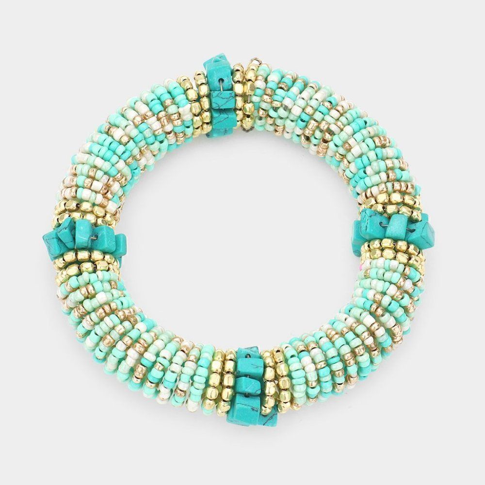 Natural Stone Blue Seed Beaded Stretch Bracelet - Picture 1 of 5